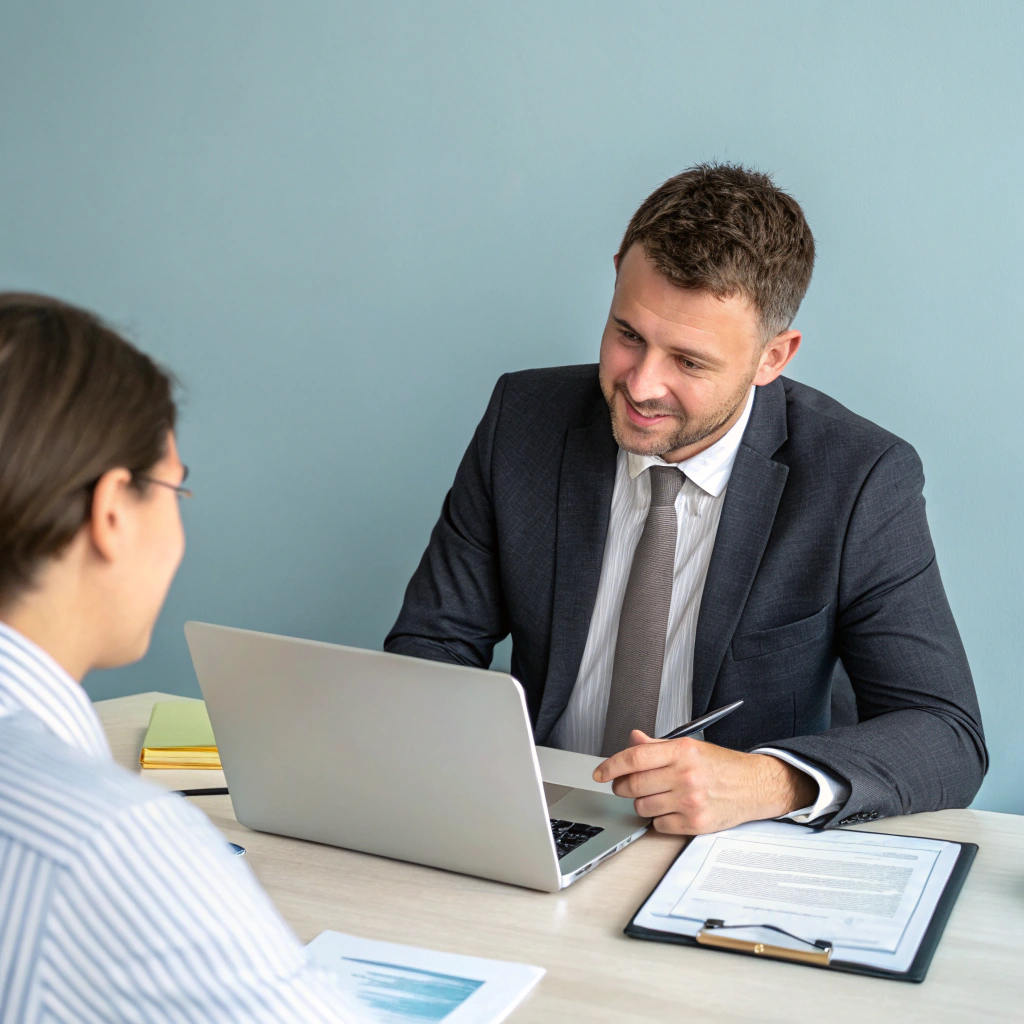 Professional consultant reviewing purchase documents with a client